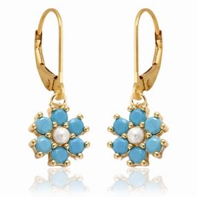 Circular Trinket Color Stone and Pearl 7 Petal Flower Surgical Steel Earrings