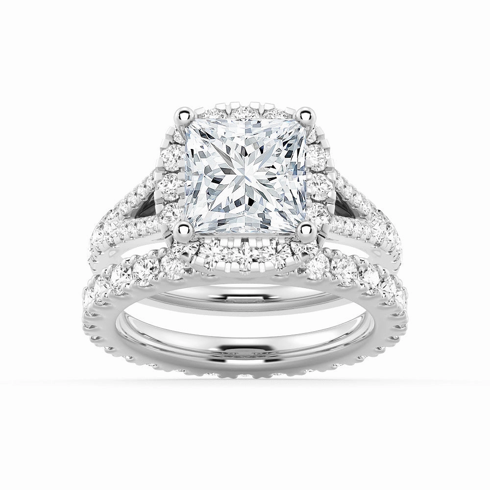 Princess Cut Split Shank Halo Moissanite Ring Set with Matching Wedding Band Wonderful Item