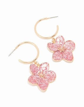 Modernist Piece Gold Pink Glitter Flower Drop Hoop Earrings