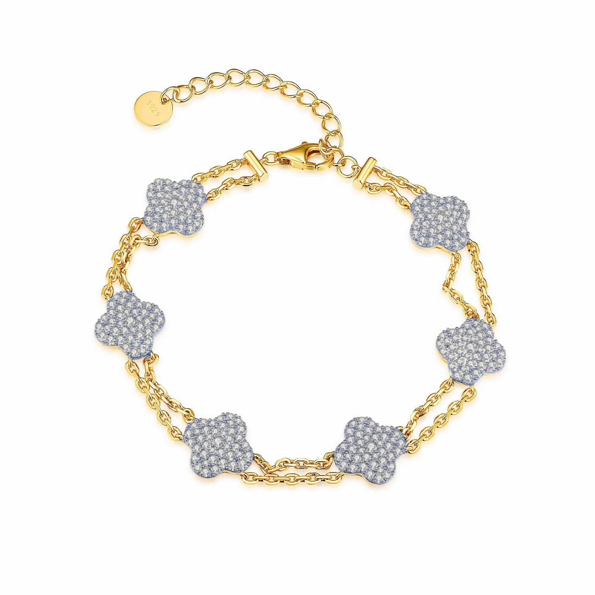 Gold Plated Sterling Silver Double Strand CZ Clover Bracelet Instant Vision Perpetually Stylish