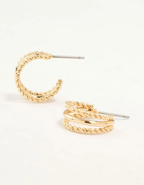 Luxurious Selection Gold Twisted and Plain Triple Huggie Earrings