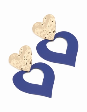 Gold Hammered & Blue Heart Drop Earrings Neutral Ornament Trendy Finish