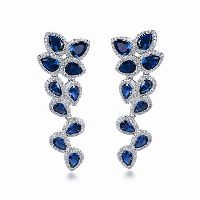 Rhodium Plated Sterling Silver Large Sapphire CZ Floral Earring Ornate Product Vintage Jewelry