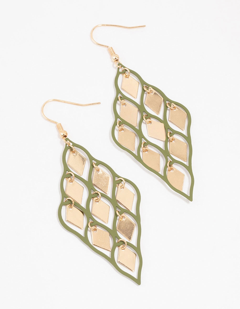 Gold & Green Diamond Cut Out Drop Earrings Bohemian Item