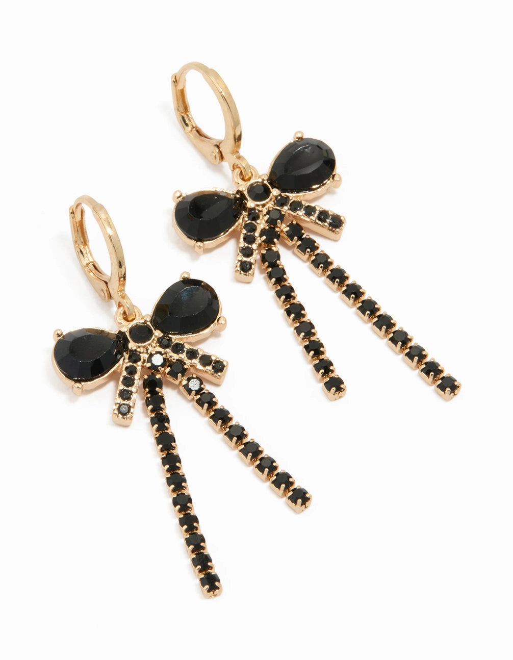 Gold Black Diamante Cupchain & Bow Drop Earrings Gorgeous Finish Lovely Accent