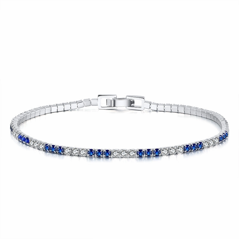 Sterling Silver 3 Alternating Sapphire and Clear 2mm CZ Bracelet Top Of The Line