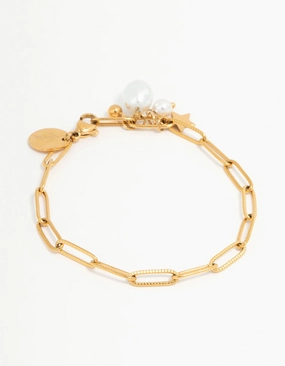 Personal Shine Chic Fashion Waterproof Gold Plated Stainless Steel Pearl & Star Charm Bracelet