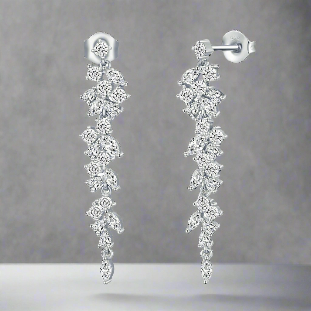 Sterling Silver Cascading Fancy Shape Thin Dangling CZ Earring Seasonal Jewelry