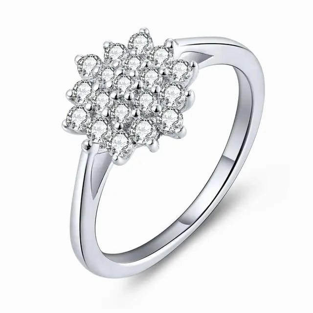 Rhodium Plated Sterling Silver CZ Flower Ring Fine Work