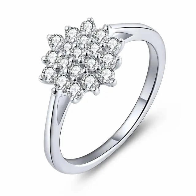 Rhodium Plated Sterling Silver CZ Flower Ring Luxury Motion