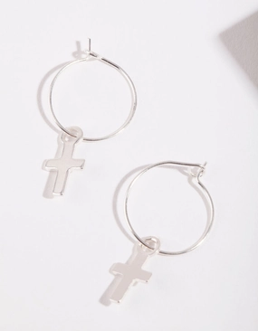 Silver Cross Hoop Earrings Big Item