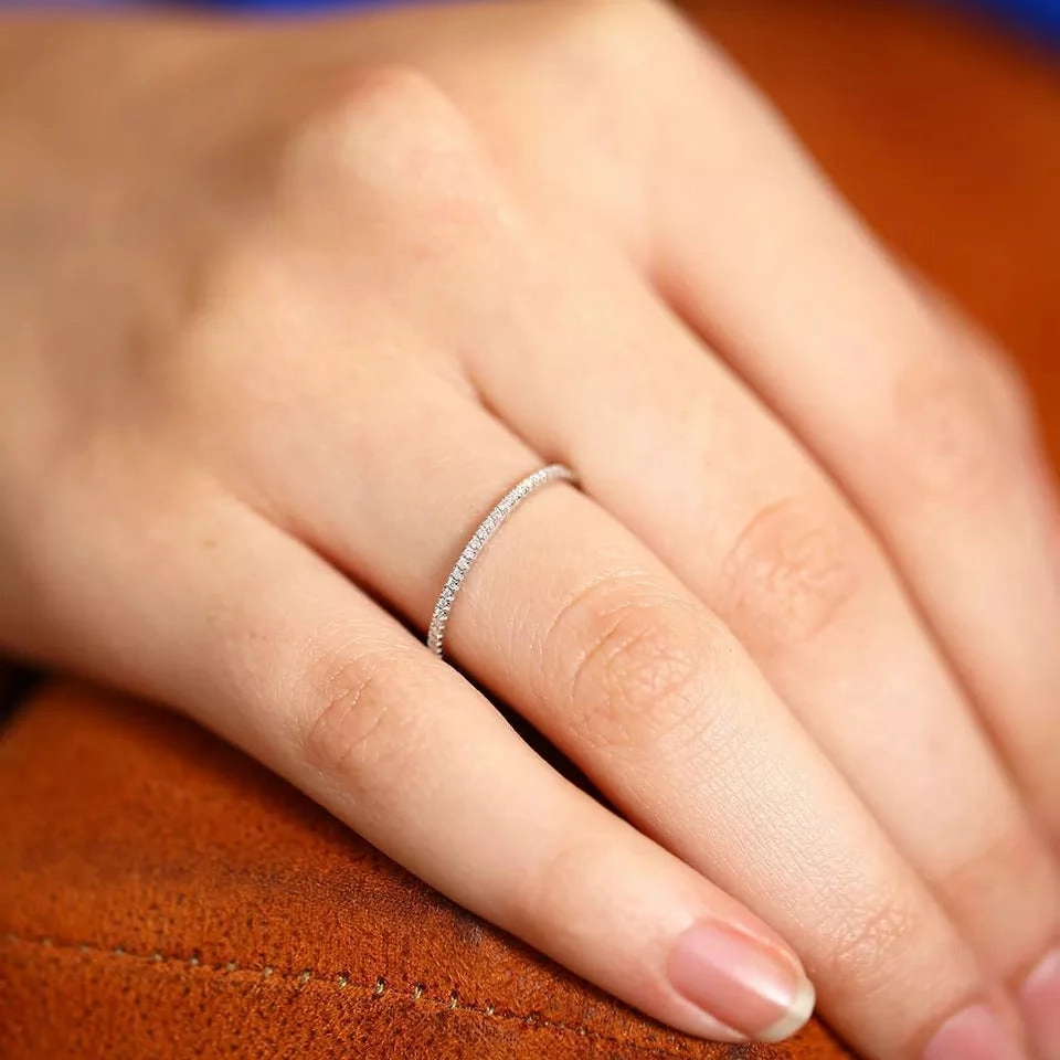 Rhodium Plated Sterling Silver Thin CZ Eternity Band Ring Hexagonal Style