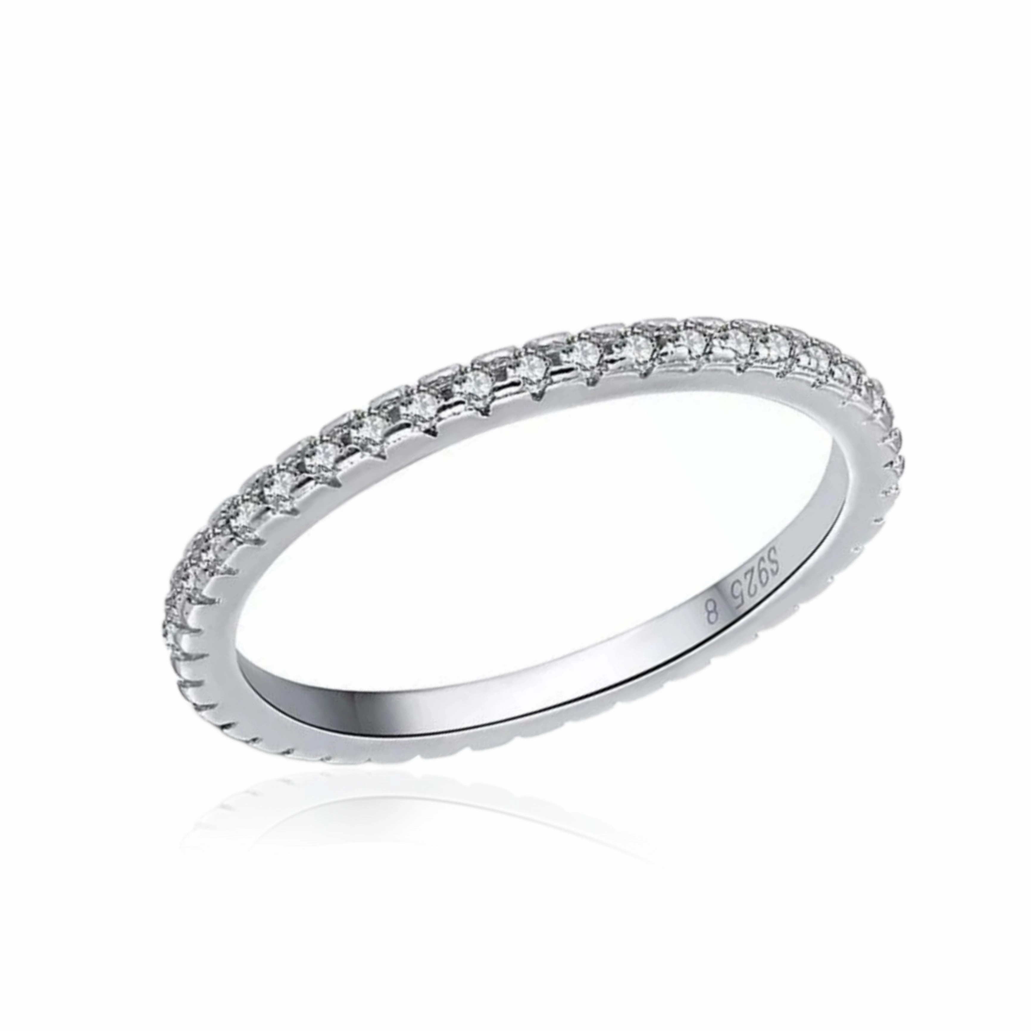 Rhodium Plated Sterling Silver Thin CZ Eternity Band Ring Elegant Fashion Bold Mark