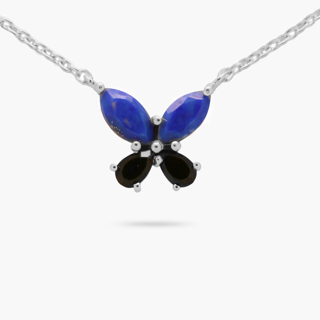 Quick Style Amare Wear 925 Sterling Silver Lapis and Onyx Butterfly Necklace