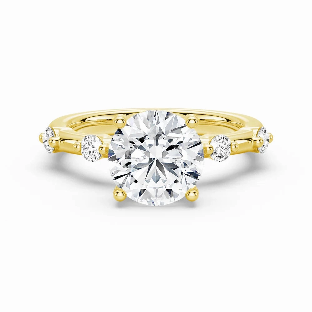 Branded Style Round Cut Moissanite Ring with Diamond Spaced Band and Hidden Halo