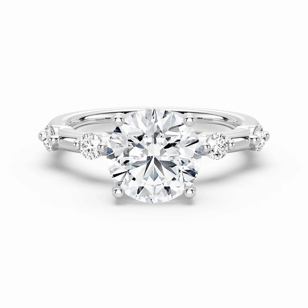 Round Cut Moissanite Ring with Diamond Spaced Band and Hidden Halo Designer Decoration