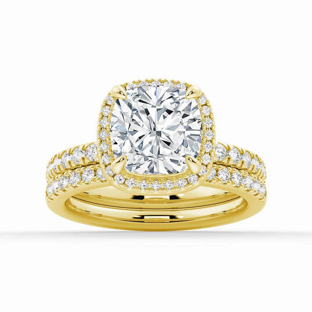 Formal Style Cushion Cut Halo Moissanite Engagement Ring Set with Matching Wedding Band