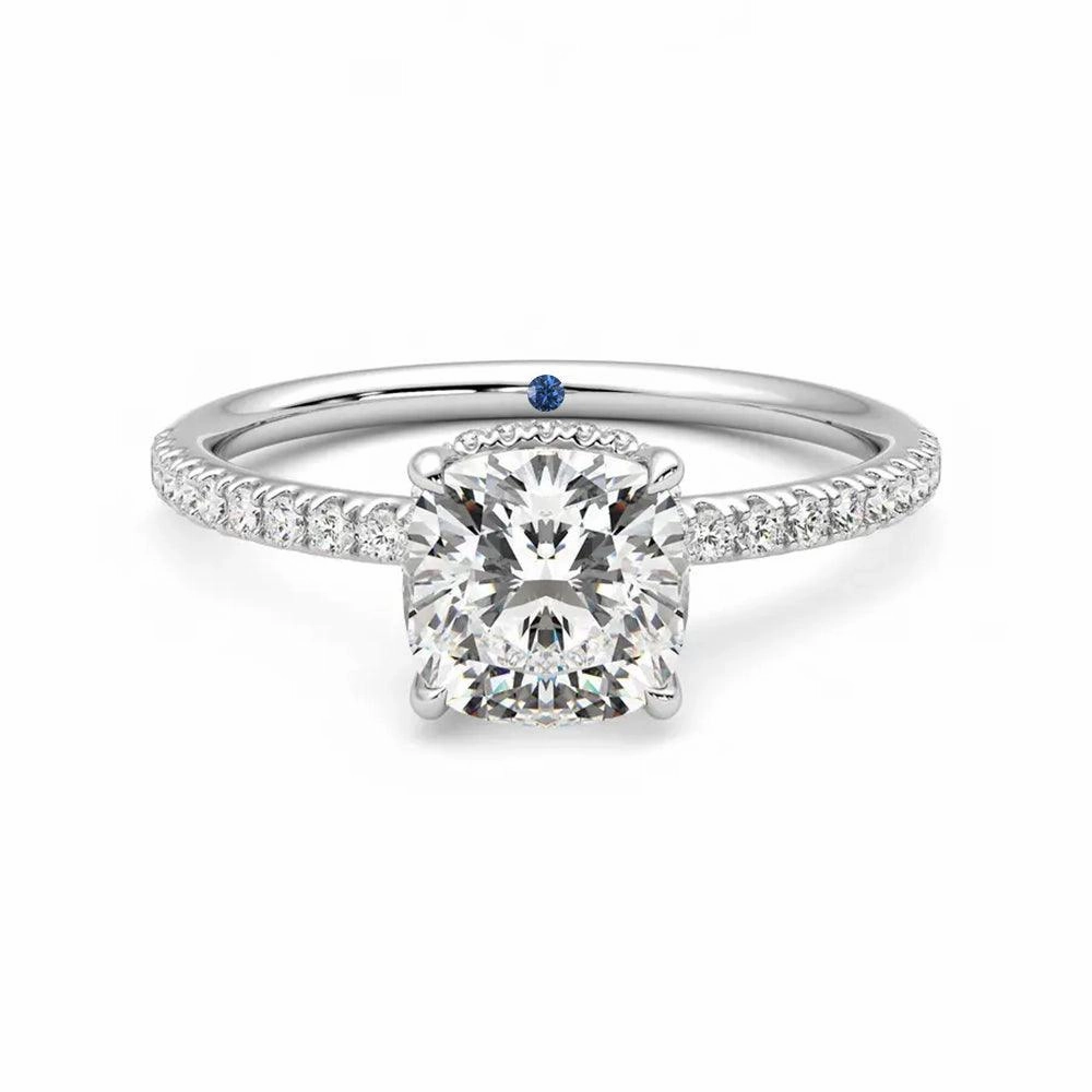 Cushion Cut Moissanite Engagement Ring with Hidden Halo and Anniversary Stone Accent Subtle tone Son Gift