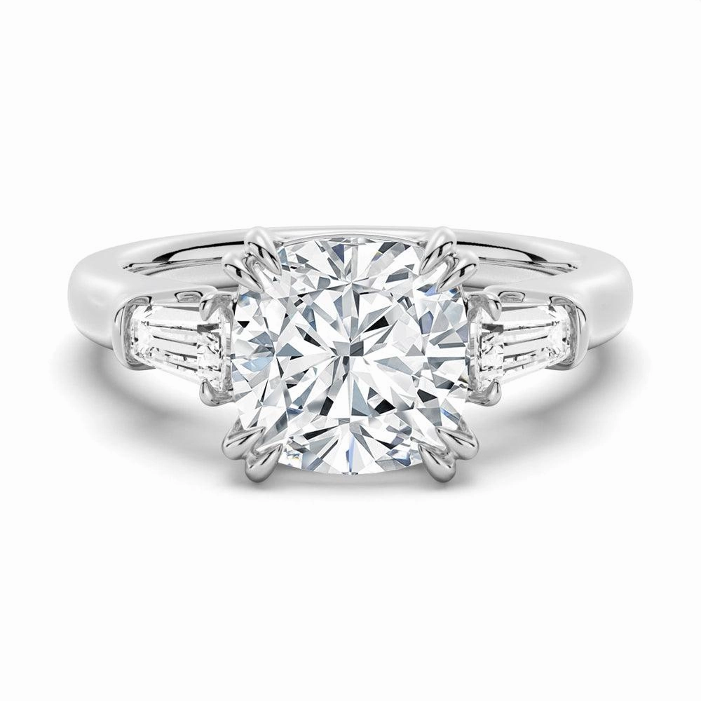 Classic Work Cushion Cut Moissanite Engagement Ring with Tapered Baguette Side Stones