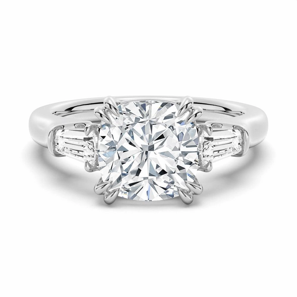 Cushion Cut Moissanite Engagement Ring with Tapered Baguette Side Stones Stylish Expression