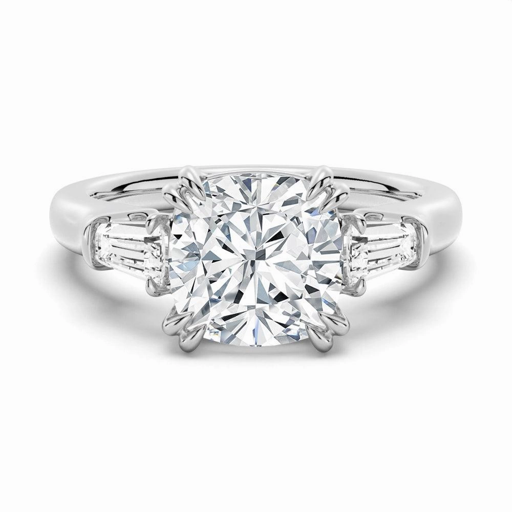 Gala Accent Universal Fit Cushion Cut Moissanite Engagement Ring with Tapered Baguette Side Stones
