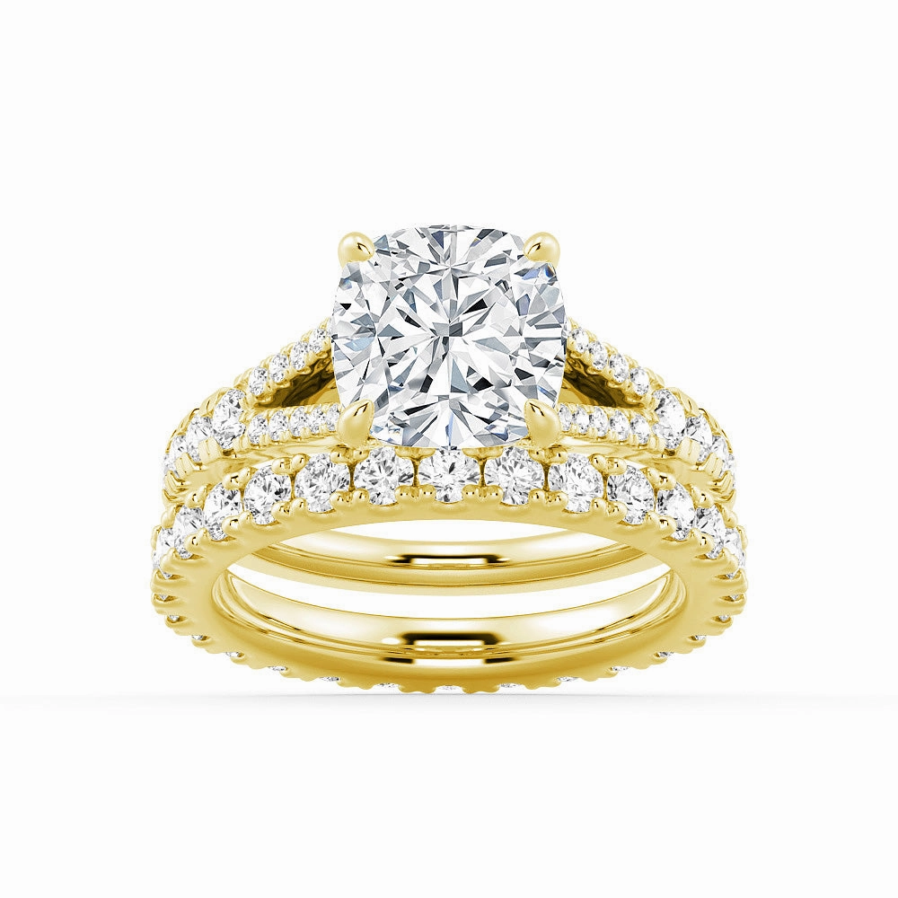 Ornate Product Layering Essential Cushion Cut Split Shank Moissanite Ring Set with Matching Wedding Band