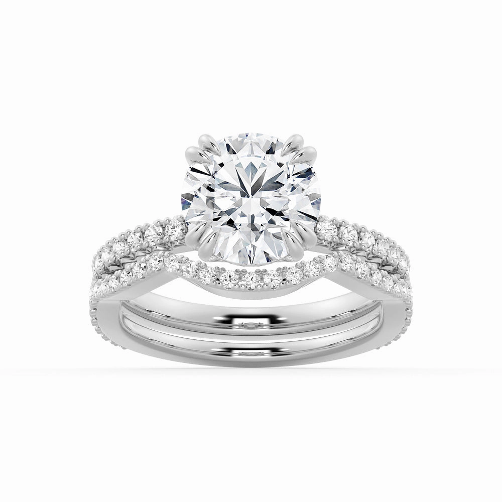 Rounded Corner Solitaire Round Cut Engagement Ring Set With Matching Wedding Band