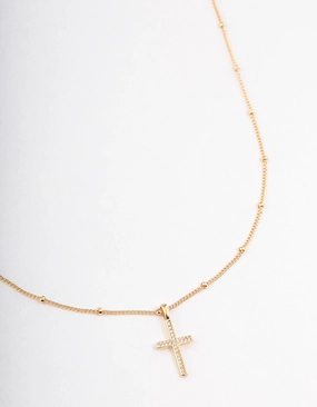 Gold Plated Brass Cubic Zirconia Paved Cross Necklace Excellent Accessory Outdoor Accent