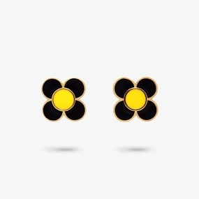 Amare Wear Daisy Flower Black and Yellow Enamel Stud Earring Modernist Jewelry Office Trinket