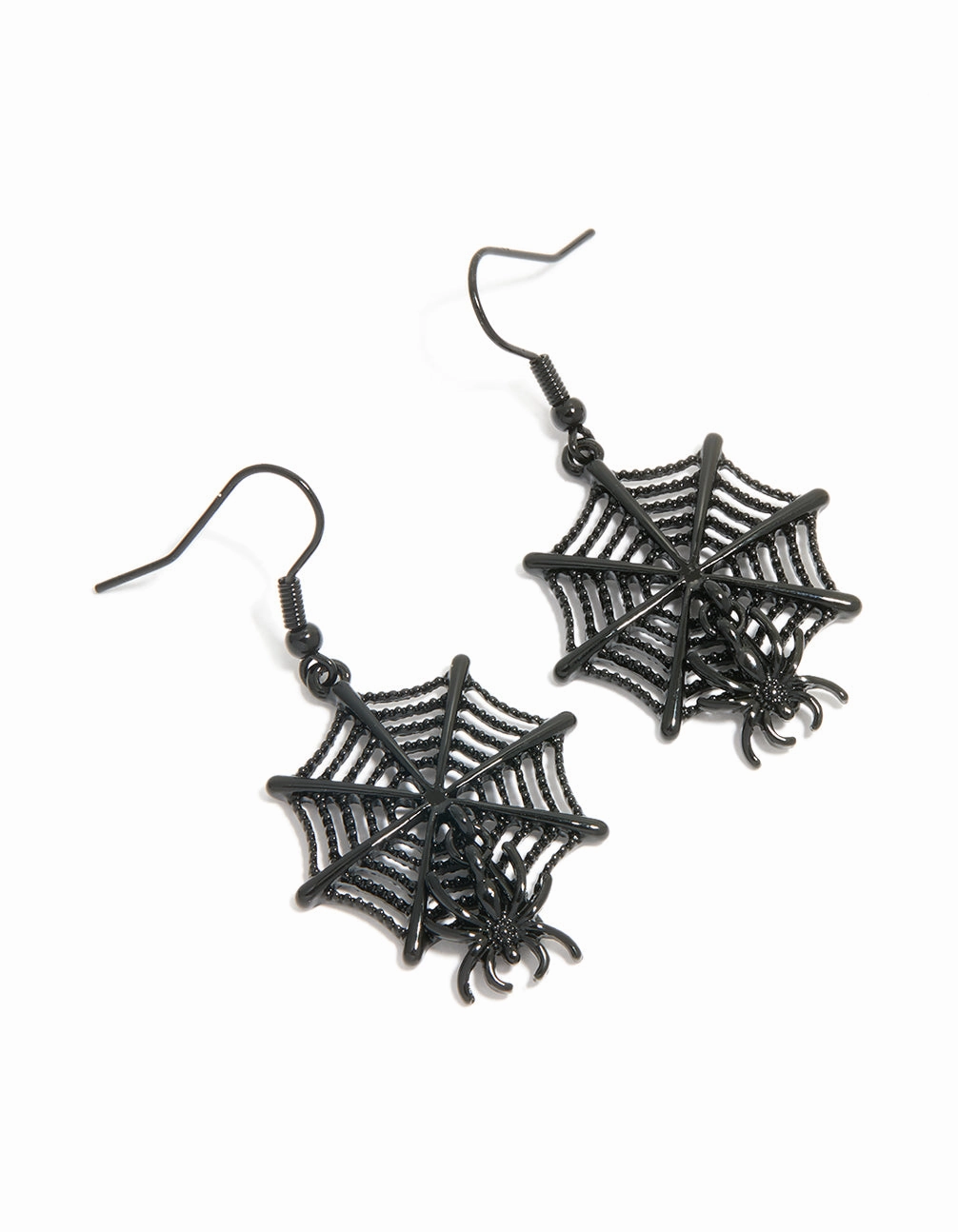 Stunning Style Black Coated Metal Spiderweb & Spider Drop Earrings
