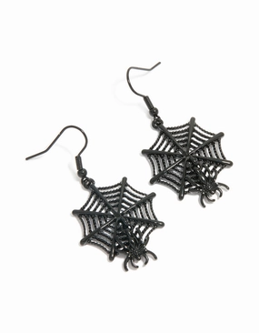 Stunning Style Black Coated Metal Spiderweb & Spider Drop Earrings