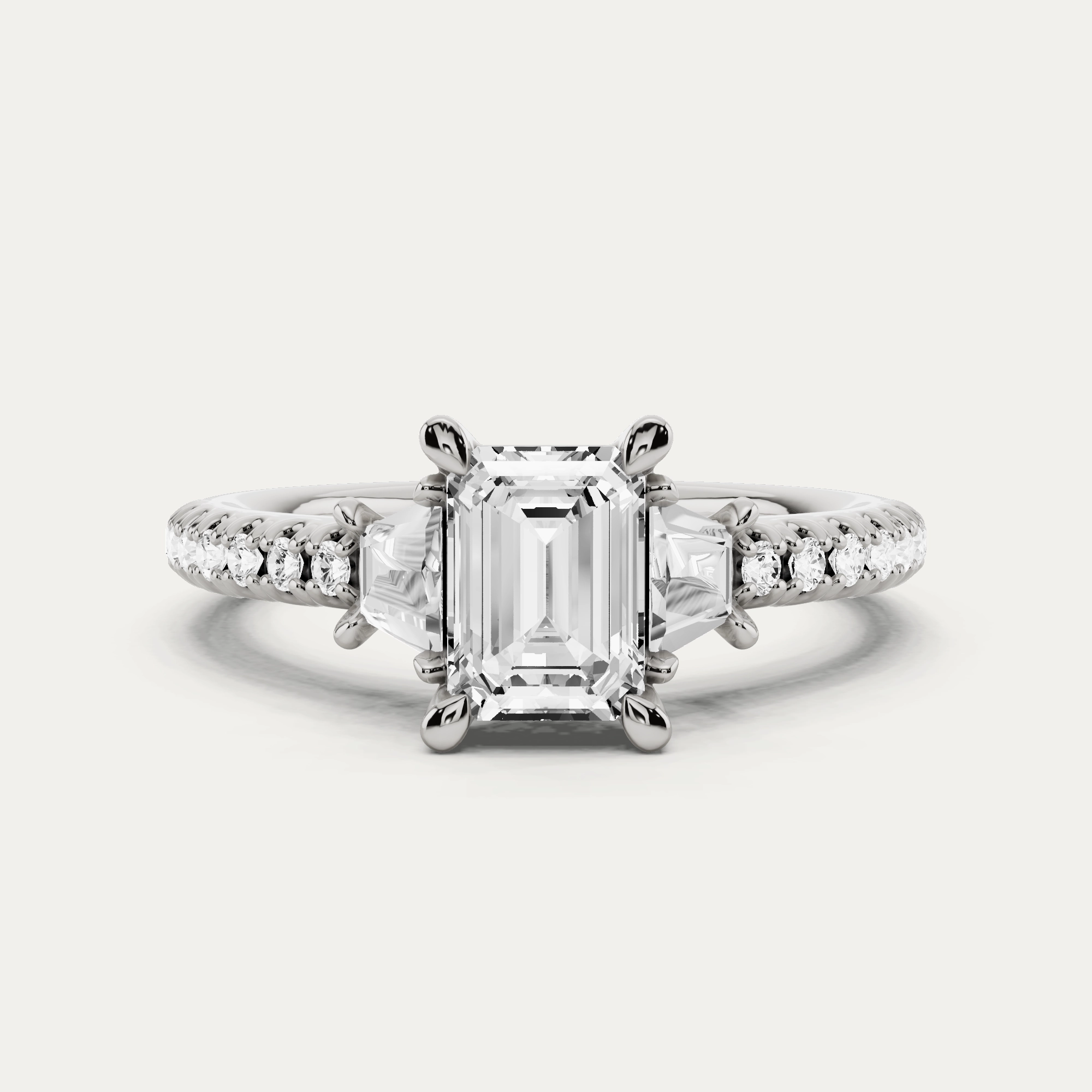 Formal Set 1 1/10 ctw Emerald Diamond Three Stone Engagement Ring With Trapezoid Side Stones