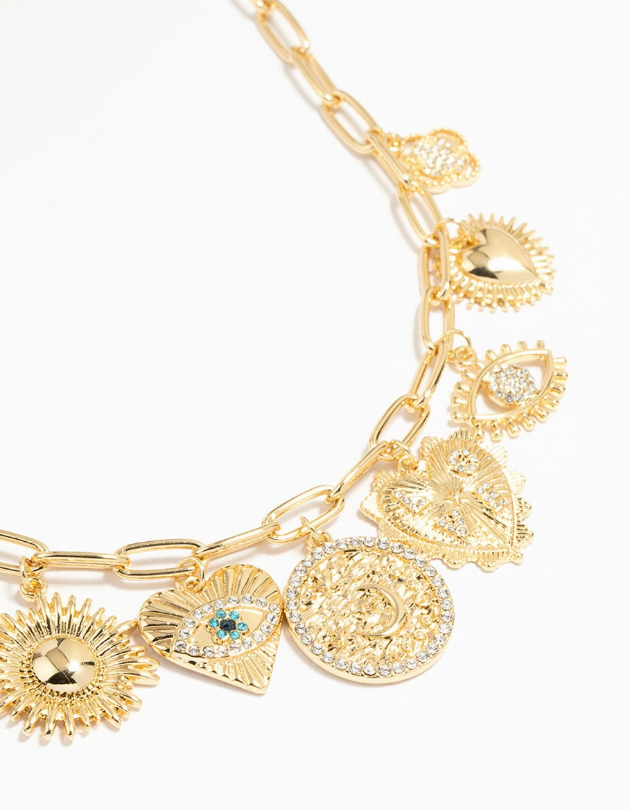 Gold Plated Evil Eye & Sun Charm Pendant Necklace gentle touch Party Style