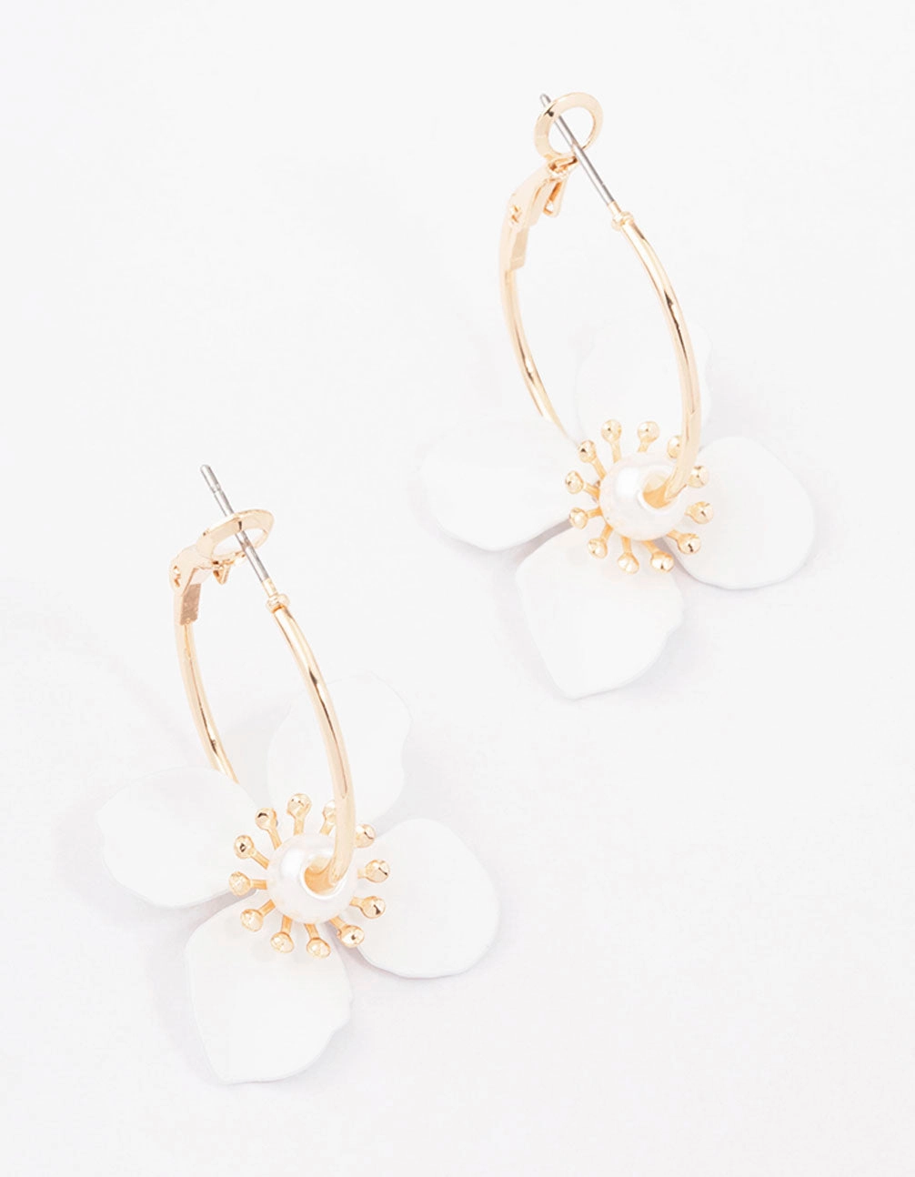 Gold Pearl Flower Hoop Earrings Pretty Detail Rustic Accent