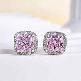 4.0 Carat Halo Square Princess Cut Pink Sapphire Sterling Silver Women's Stud Earrings Shiny Selection