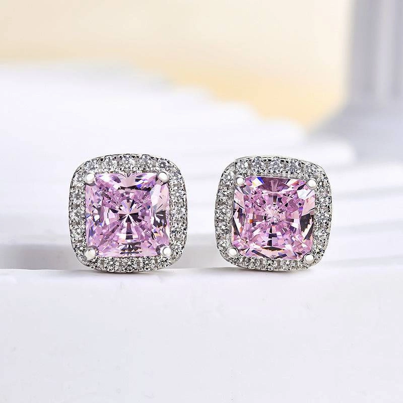 4.0 Carat Halo Square Princess Cut Pink Sapphire Sterling Silver Women's Stud Earrings Shiny Selection
