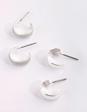 Beautiful Element Silver Glitter Huggie Hoop Earring Set