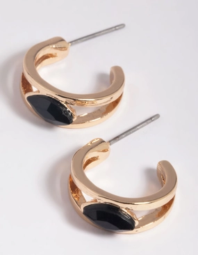 Straight Adornment Black Jewel Huggie Hoop Earrings