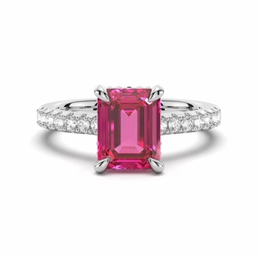 Classic Style 3 CT. Side Stone Lab Grown Ruby Engagement Ring With Hidden Halo