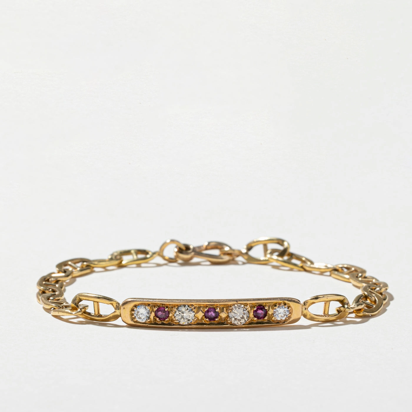 Diamond & Ruby Bar Anchor Chain Bracelet | 0.66ctw, 0.26ctw | 7.5" Power Look