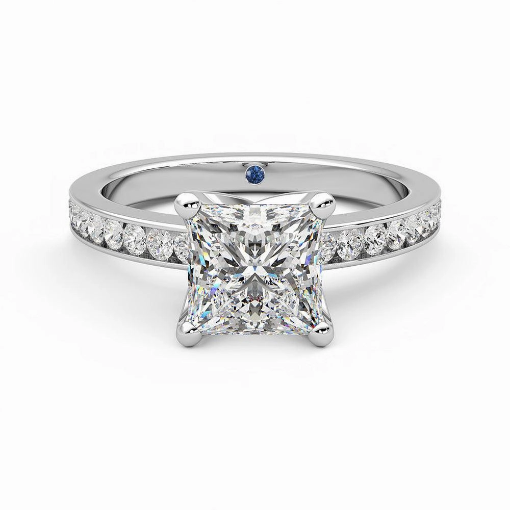 Princess Cut Moissanite Engagement Ring with Hidden Anniversary Stone and Channel Set Side Stones Effortless Look Bridal Shower