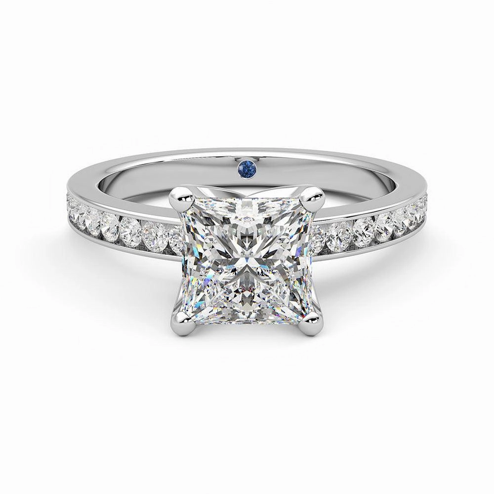 Unique Ornament Princess Cut Moissanite Engagement Ring with Hidden Anniversary Stone and Channel Set Side Stones