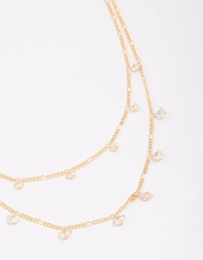 Handmade Present Gold Plated Brass Double Cubic Zirconia Droplet Layered Necklace