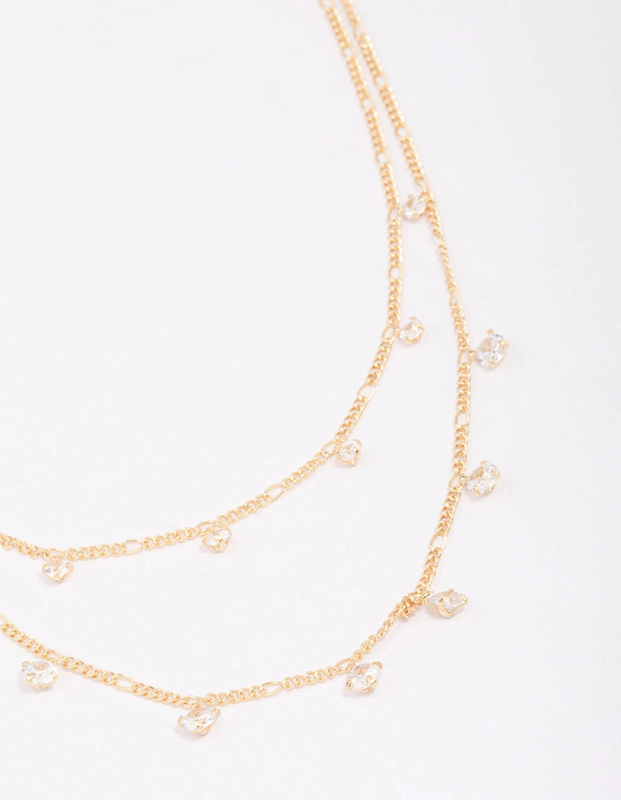 Handmade Present Gold Plated Brass Double Cubic Zirconia Droplet Layered Necklace