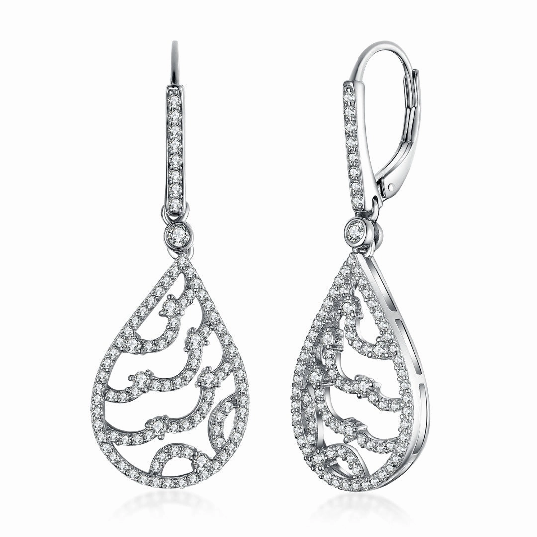 Sterling Silver Wavy Micropave CZ Teardrop Earring Pretty Item Polygonal Accent