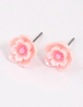 Rectangular Decoration Comfortable Design Pink Pearlised Flower Stud Earrings