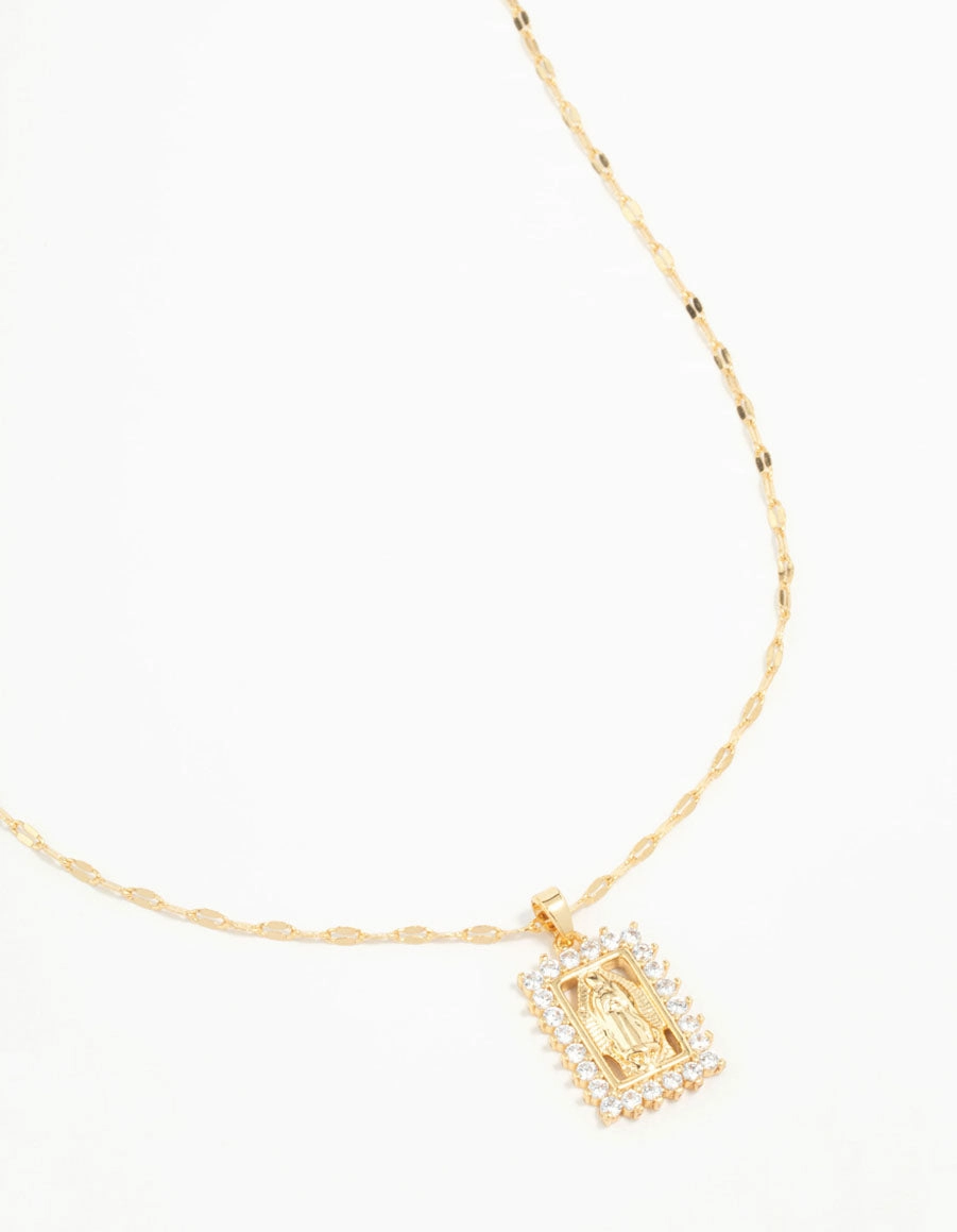 Gold Plated Cubic Zirconia Rectangle Mary Necklace Luxury Design