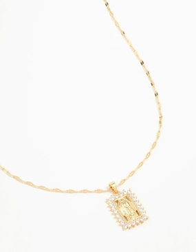 Gold Plated Cubic Zirconia Rectangle Mary Necklace Luxury Design