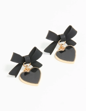 High-Quality Ornament Gold Black Coated Metal Bow Drop Heart Stud Earrings