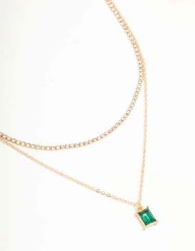 Gold Diamante & Baguette Cut Green Diamante Layered Necklace Superb Style One Of A Kind Item